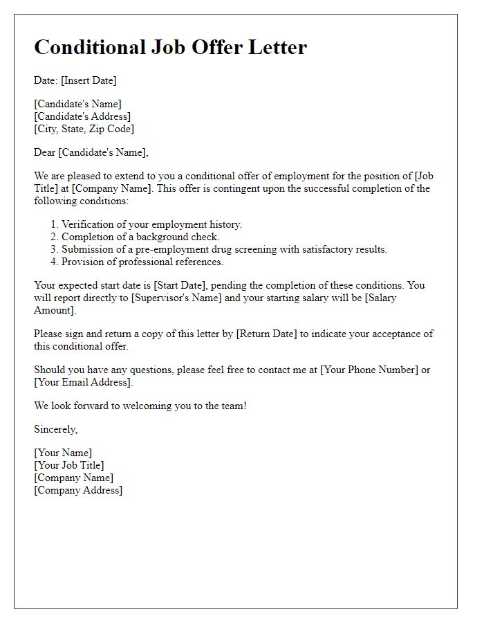 Letter template of conditional job offer