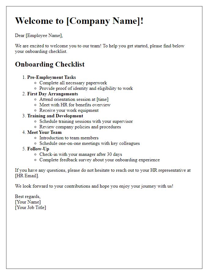 Letter template of onboarding checklist for new employees