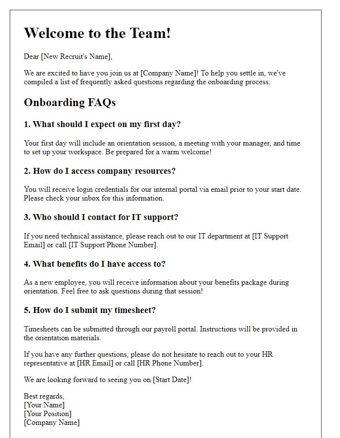 Letter template of onboarding FAQs for new recruits