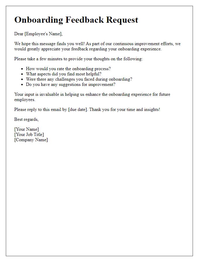 Letter template of onboarding feedback request for continuous improvement