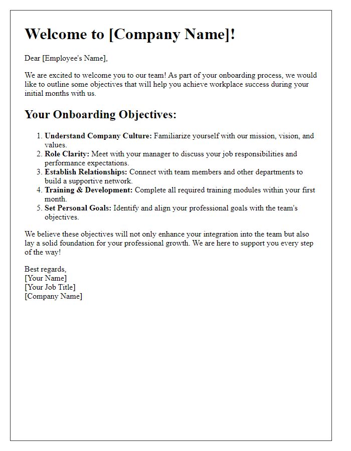 Letter template of onboarding objectives for workplace success