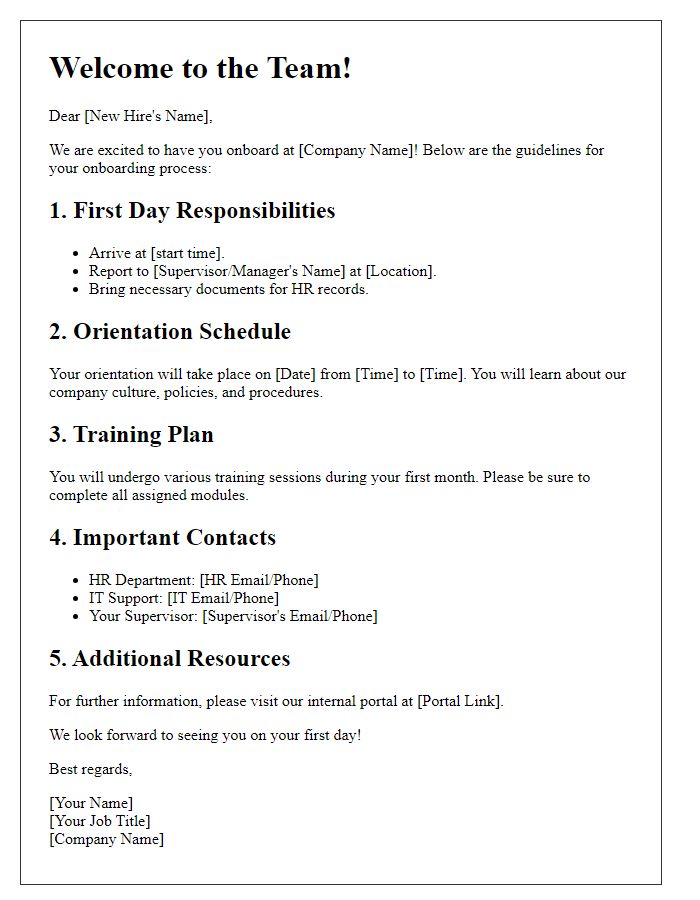 Letter template of onboarding process guidelines for new hires