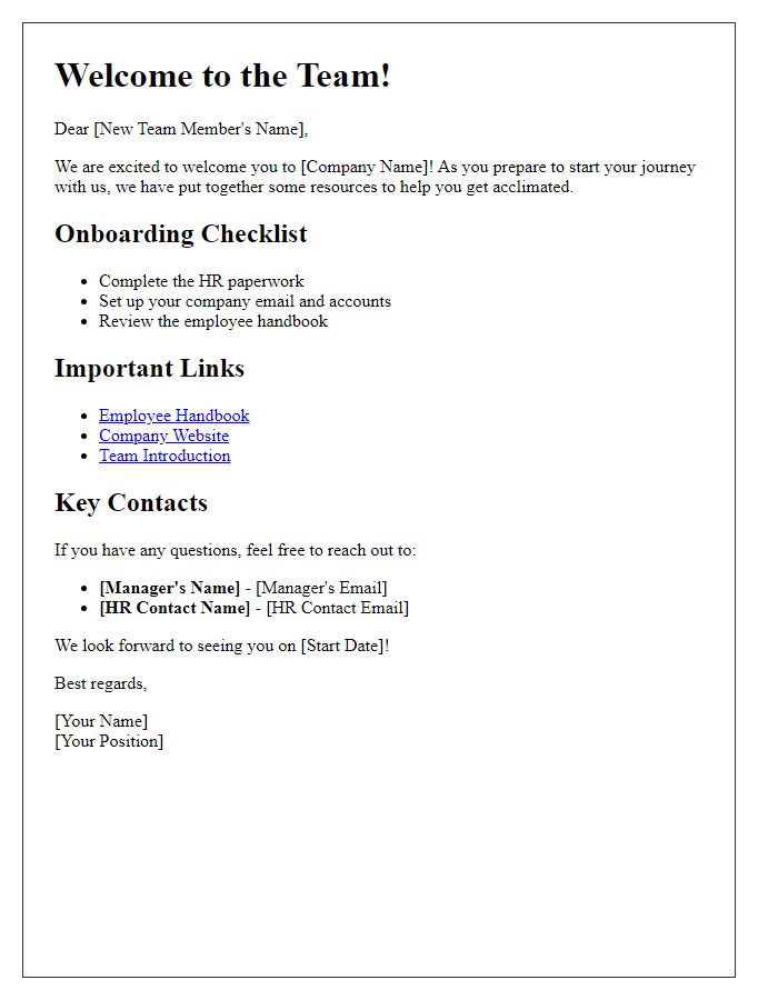 Letter template of onboarding resources for new team members