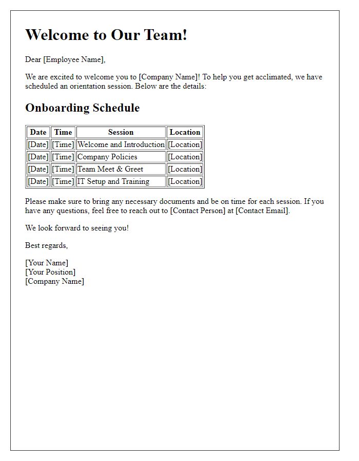 Letter template of onboarding schedule for orientation sessions