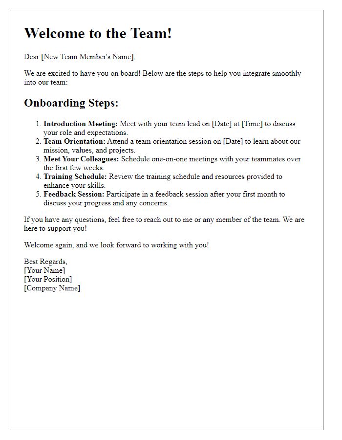 Letter template of onboarding steps for team integration