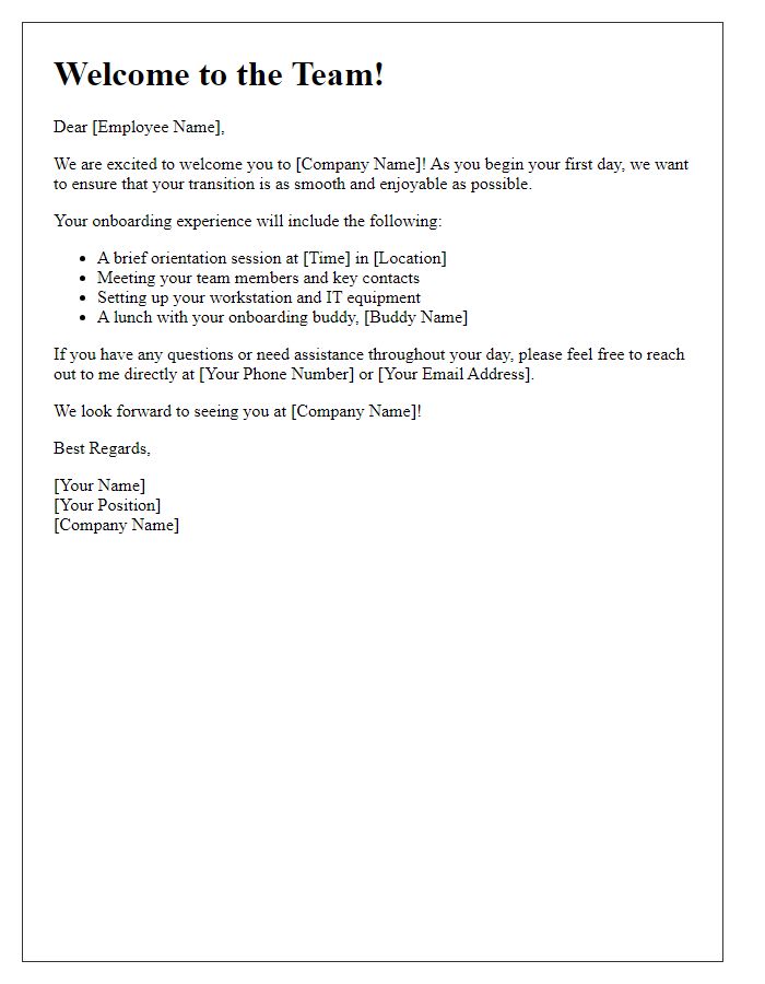 Letter template of onboarding support for first day transition