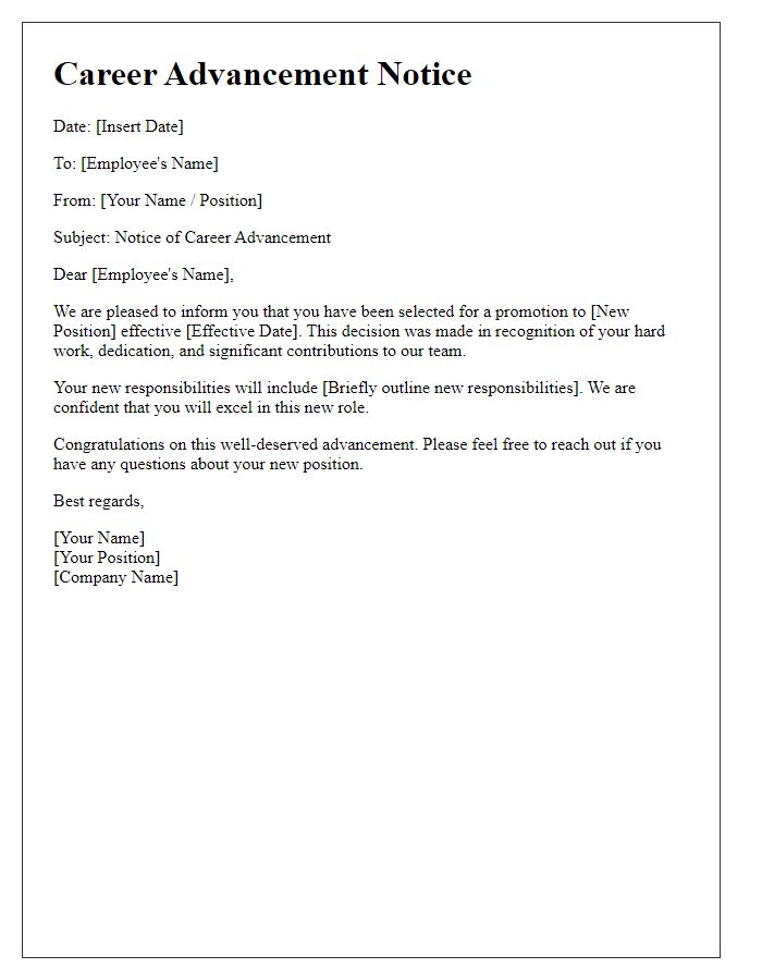 Letter template of career advancement notice