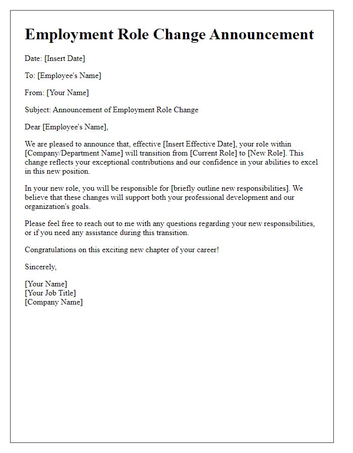 Letter template of employment role change announcement