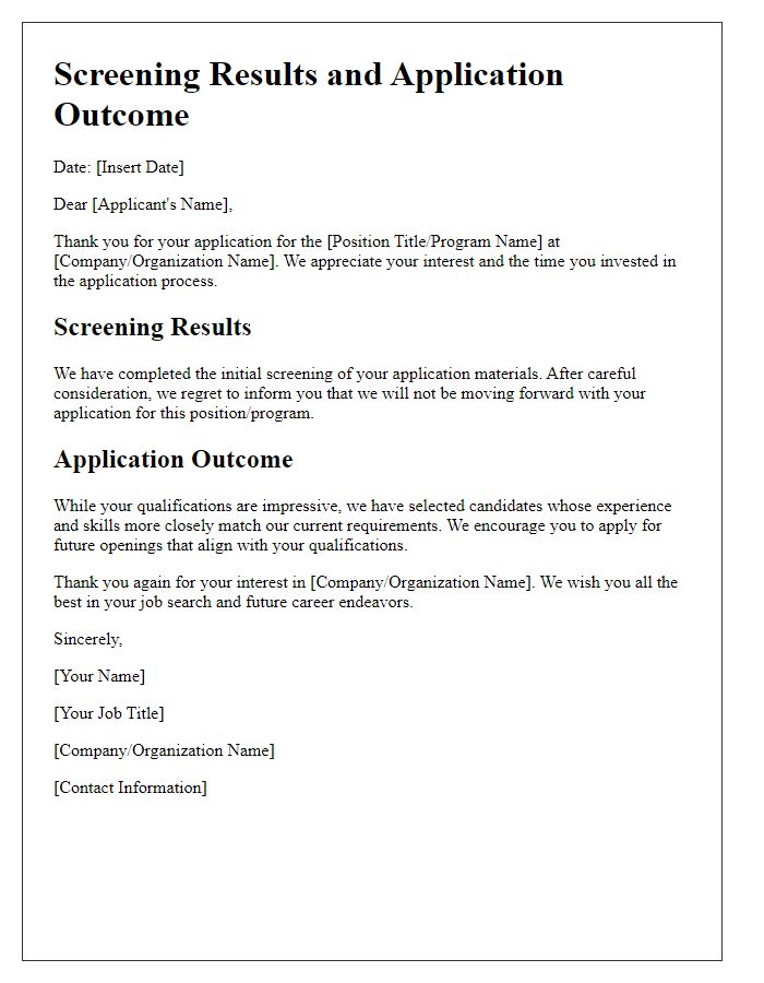 Letter template of screening results and application outcome