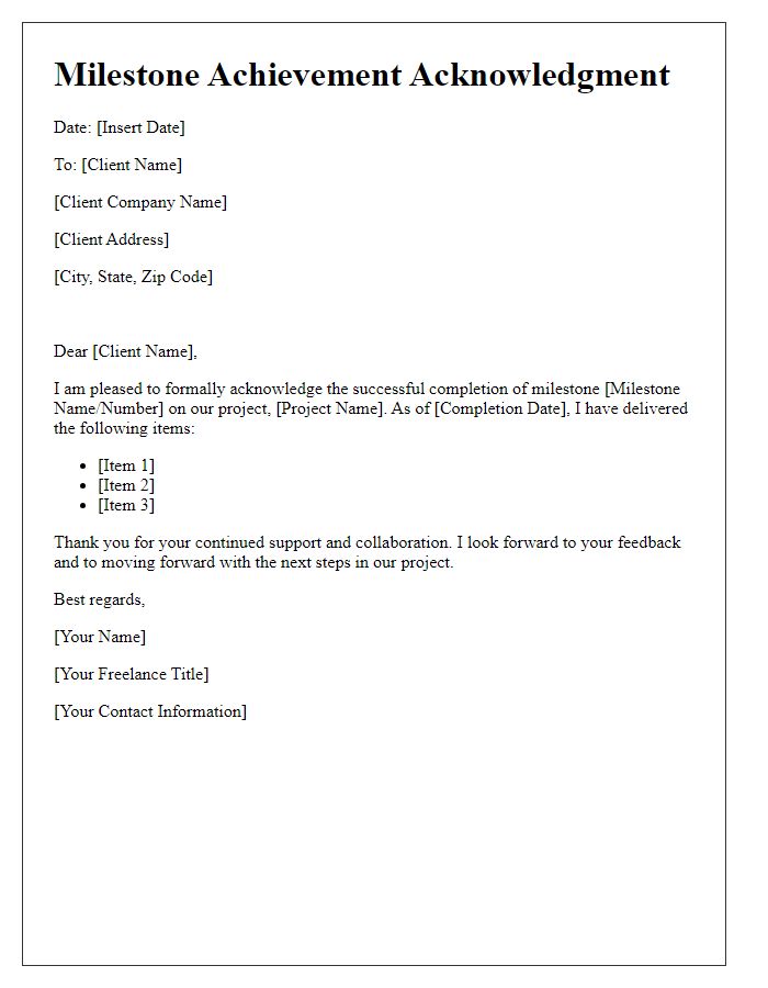 Letter template of freelance project milestone achievement acknowledgment