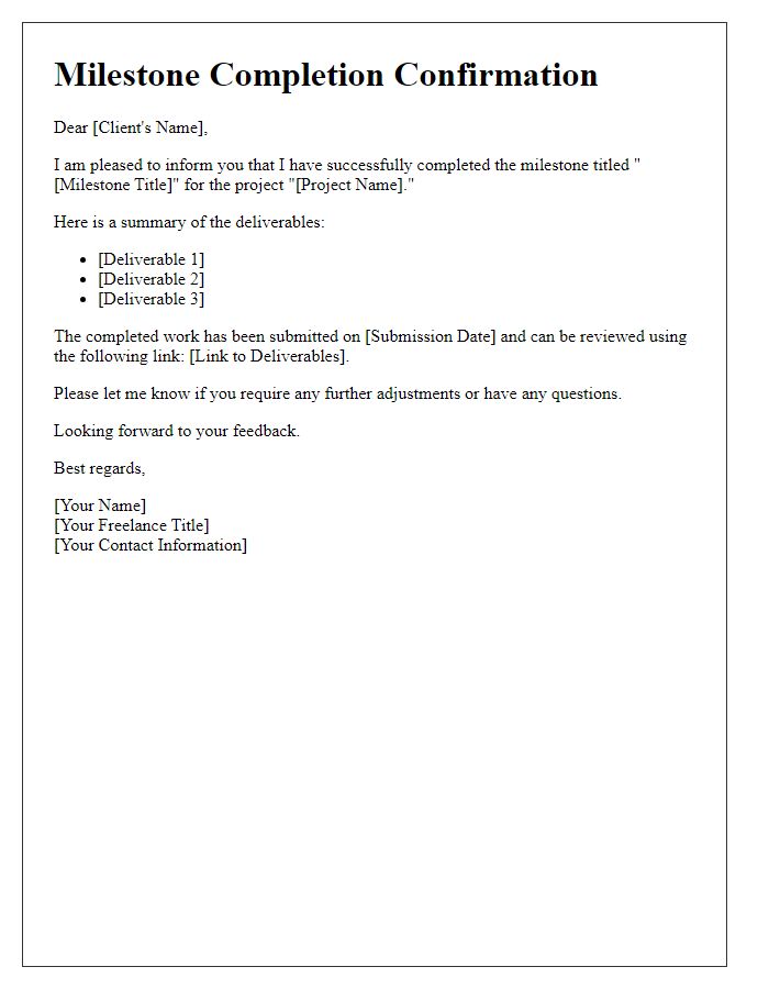 Letter template of freelance project milestone completion confirmation