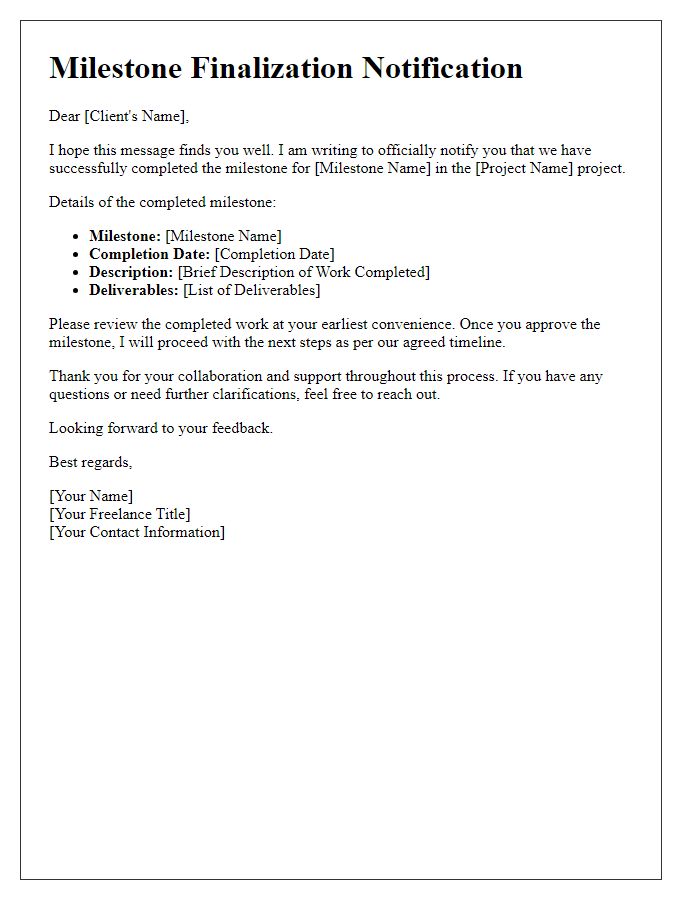 Letter template of freelance project milestone finalization notification