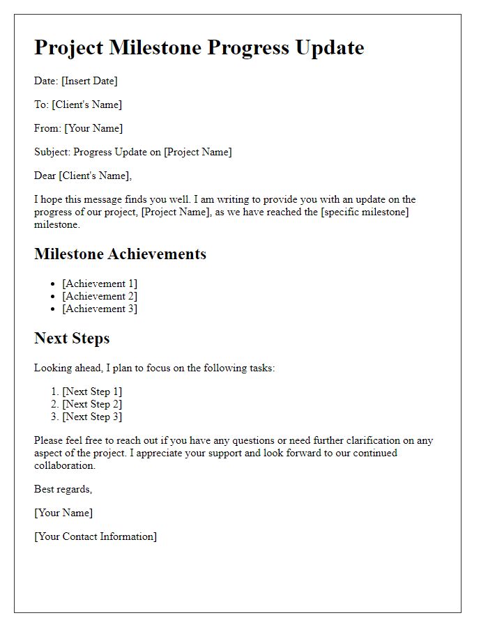 Letter template of freelance project milestone progress update