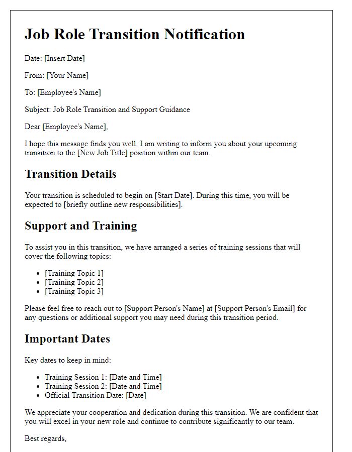 Letter template of job role transition and support guidance