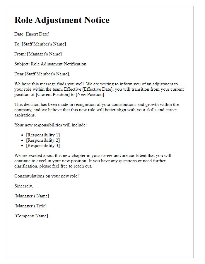 Letter template of staff member role adjustment notice