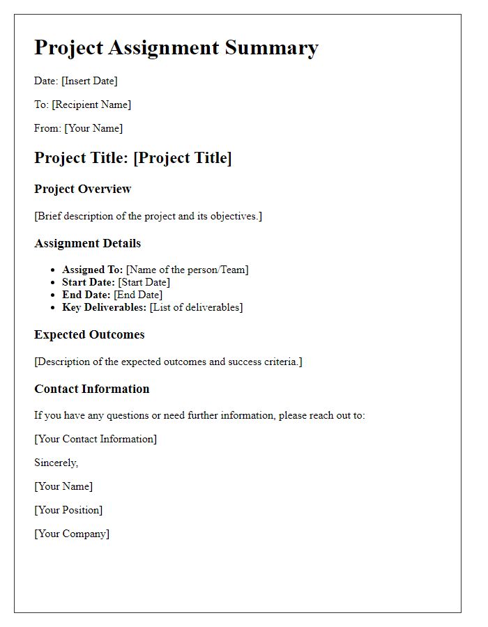 Letter template of project assignment summary