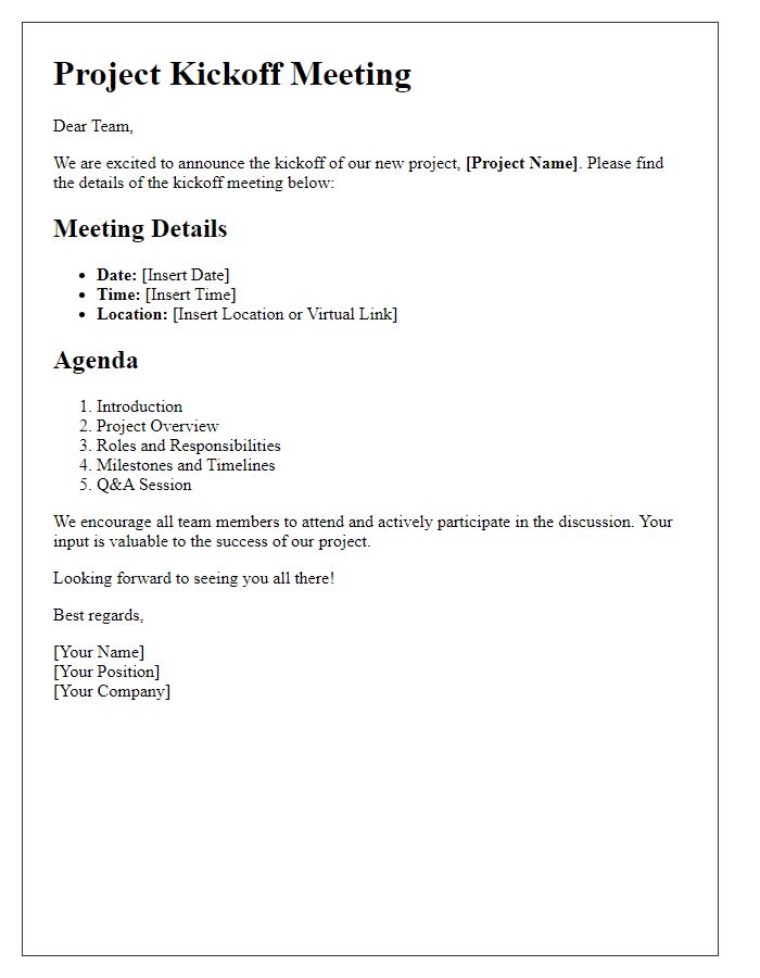 Letter template of project kickoff details