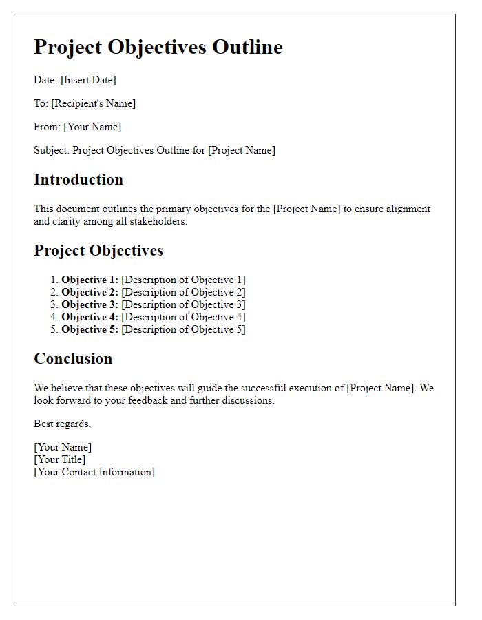 Letter template of project objectives outline