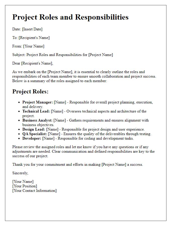 Letter template of project roles and responsibilities