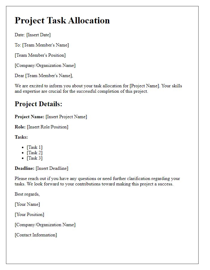 Letter template of project task allocation