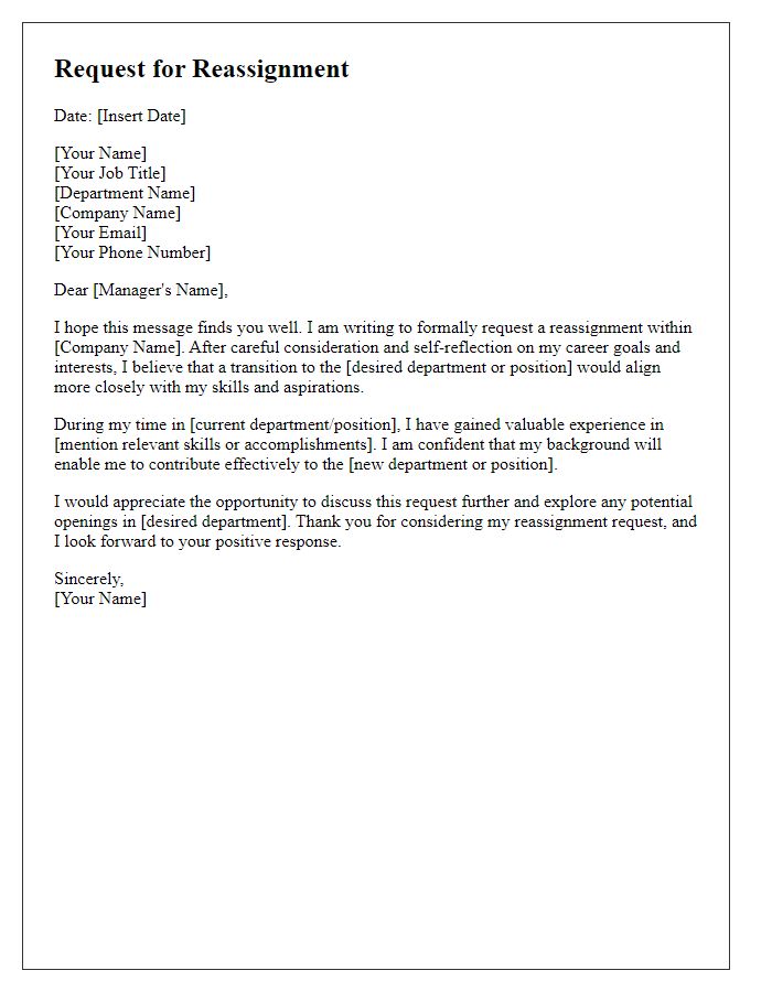 Letter template of request for reassignment within the company