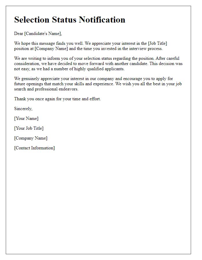 Letter template of selection status communication