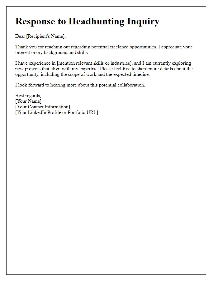 Letter template of headhunting inquiry response for freelance professionals