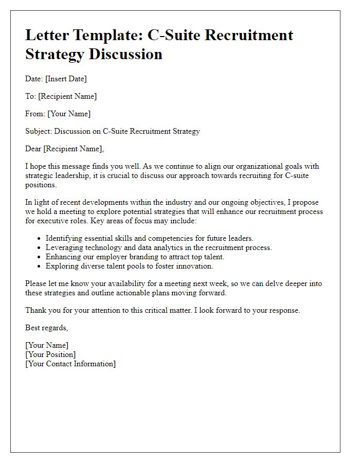 Letter template of C-suite recruitment strategy discussion.