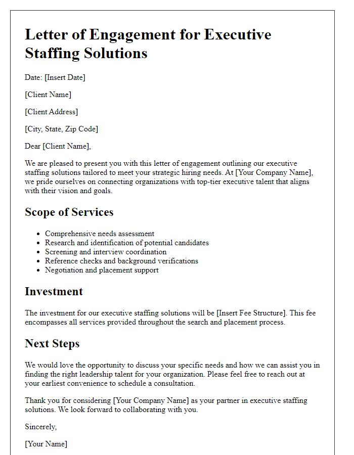 Letter template of high-level executive staffing solutions.