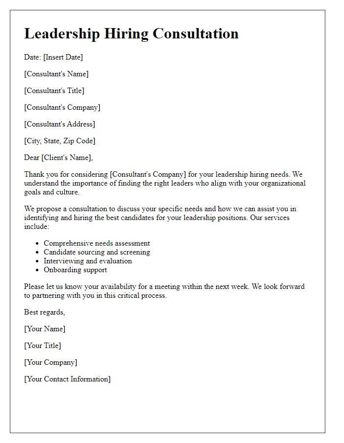 Letter template of leadership hiring consultation.