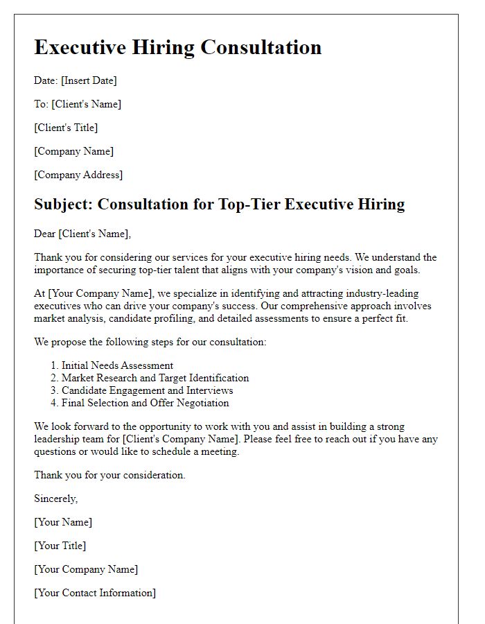 Letter template of top-tier executive hiring consultation.