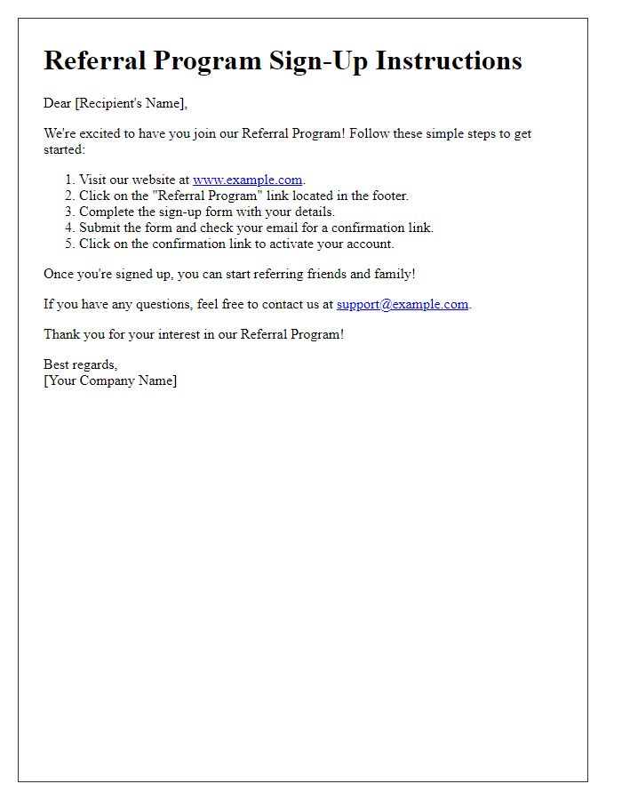 Letter template of Referral Program Sign-Up Instructions
