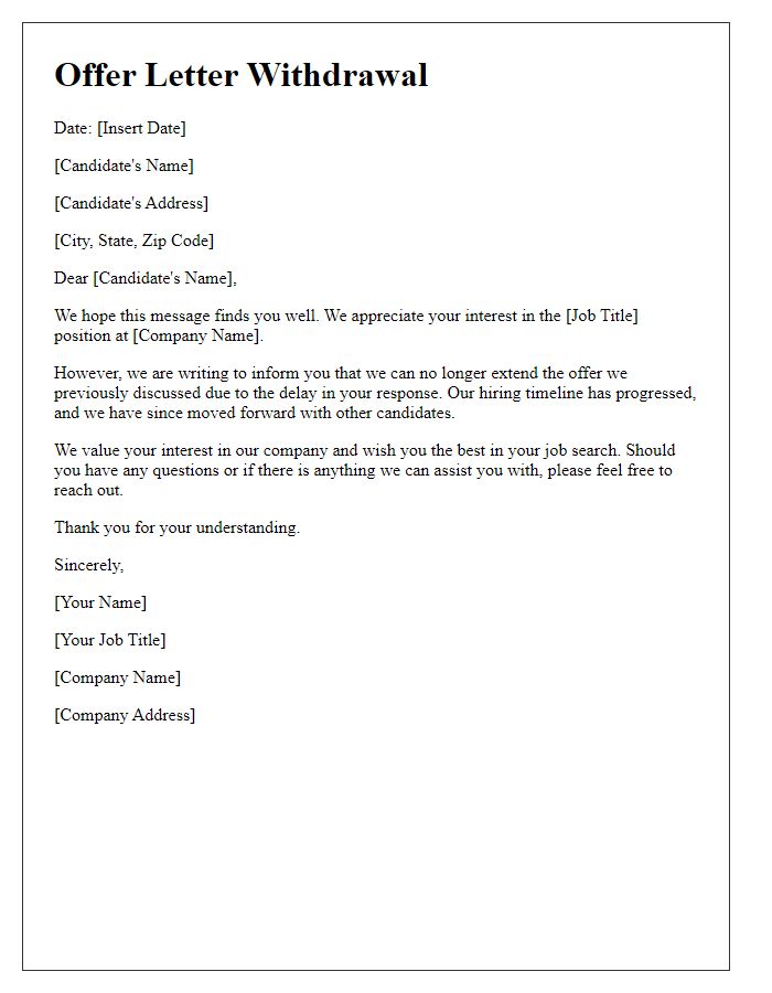 Letter template of offer letter withdrawal after candidate's delayed response.
