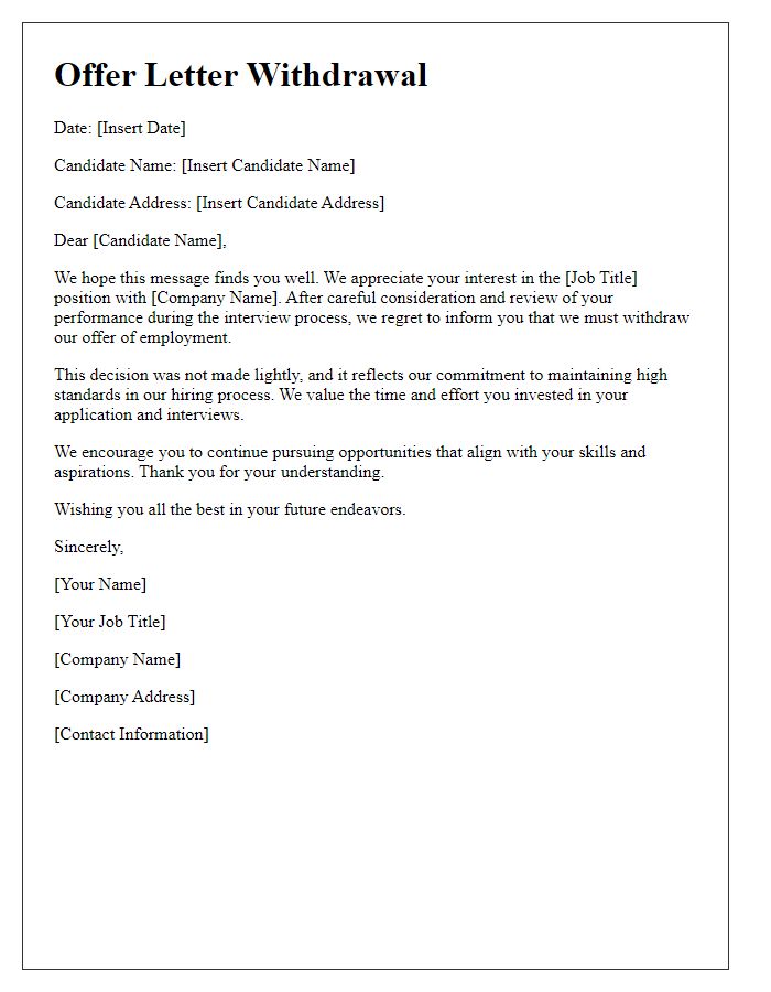 Letter template of offer letter withdrawal based on candidate performance.