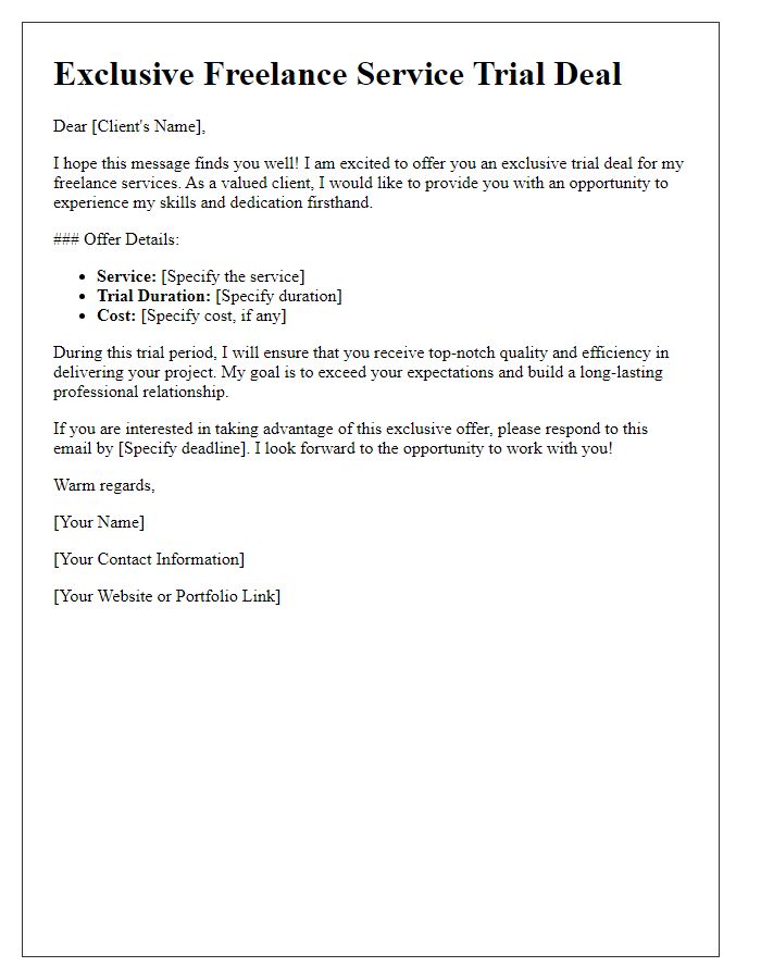 Letter template of exclusive freelance service trial deal