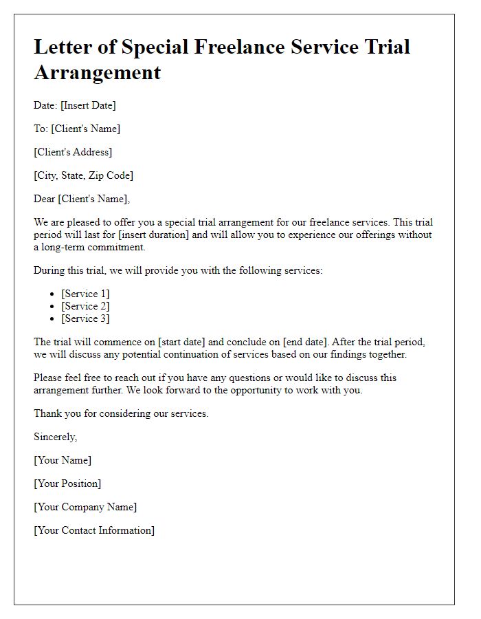 Letter template of special freelance service trial arrangement