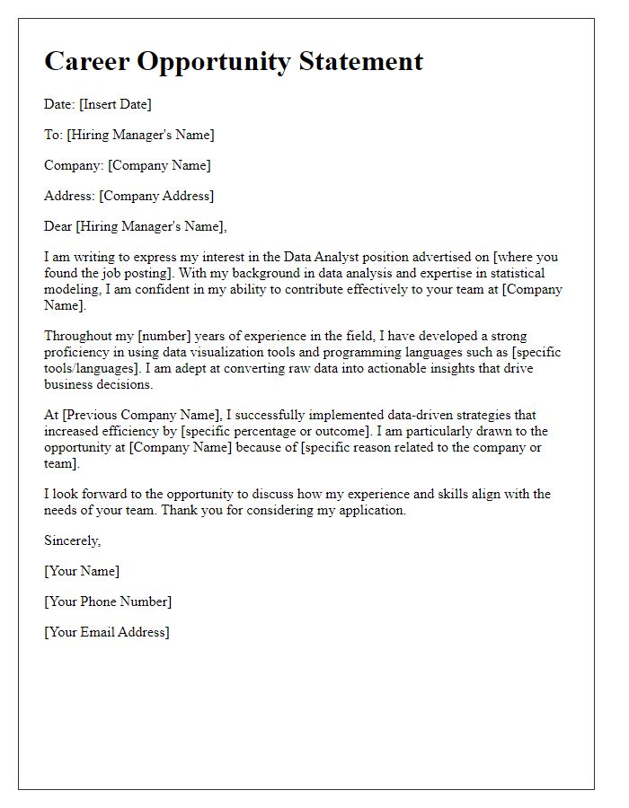 Letter template of career opportunity statement for data analyst position.