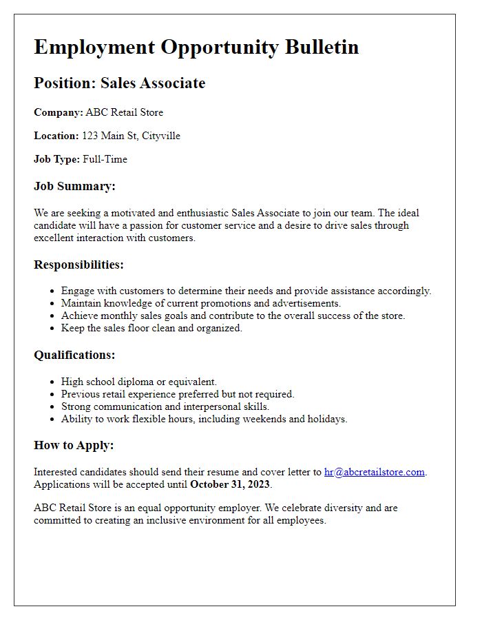 Letter template of employment opportunity bulletin for sales associate.