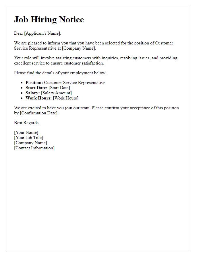 Letter template of hiring notice for customer service representative.