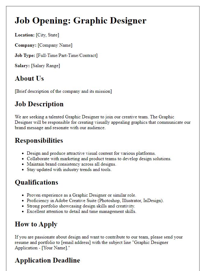 Letter template of job listing draft for graphic designer opening.