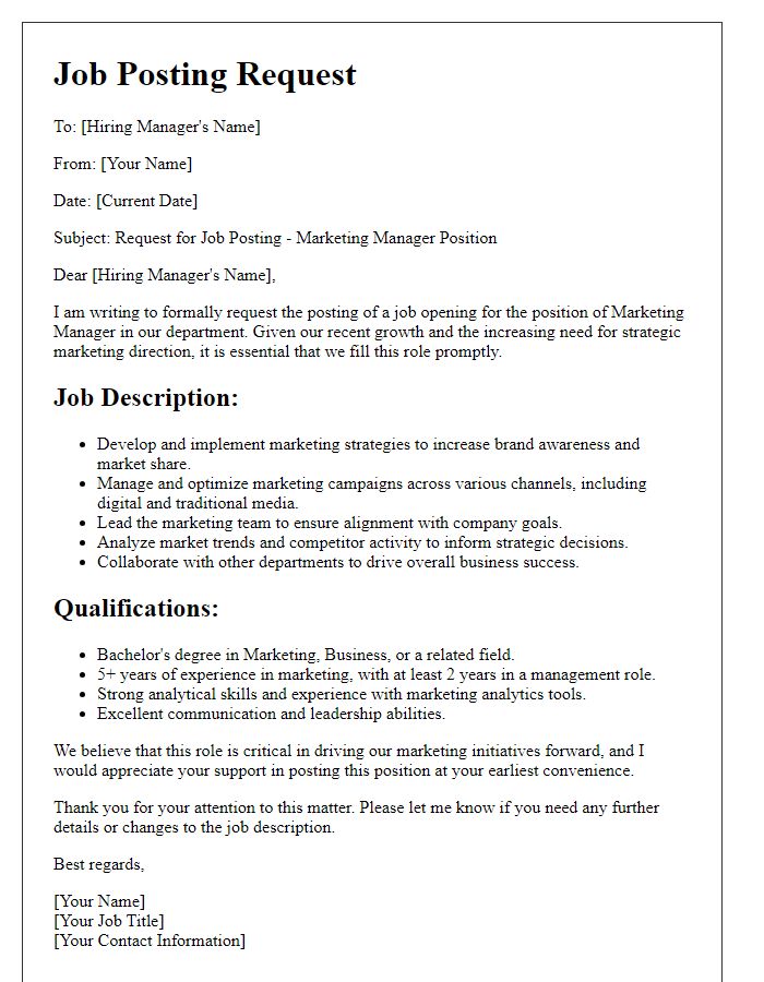 Letter template of job posting request for marketing manager position.