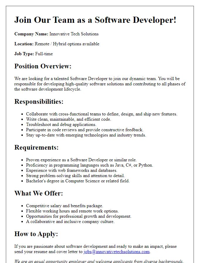 Letter template of recruitment advertisement for software developer role.