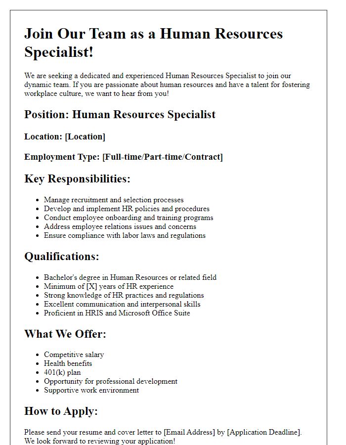 Letter template of staffing advertisement for human resources specialist.