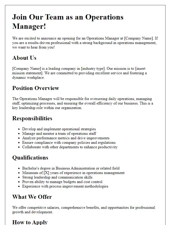 Letter template of workforce recruitment advertisement for operations manager.