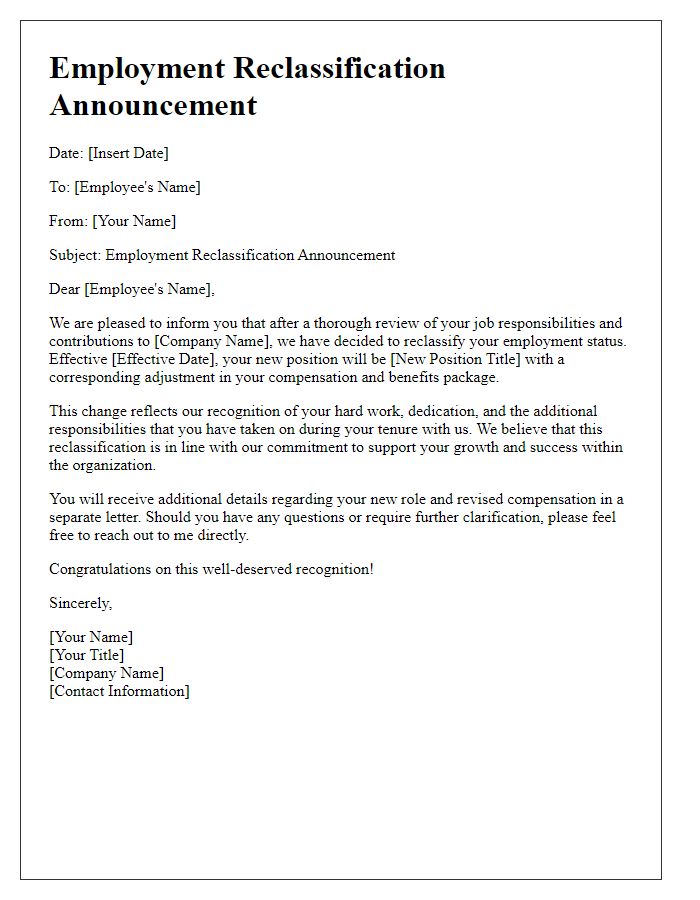 Letter template of employment reclassification announcement