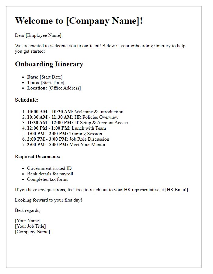 Letter template of employee onboarding itinerary