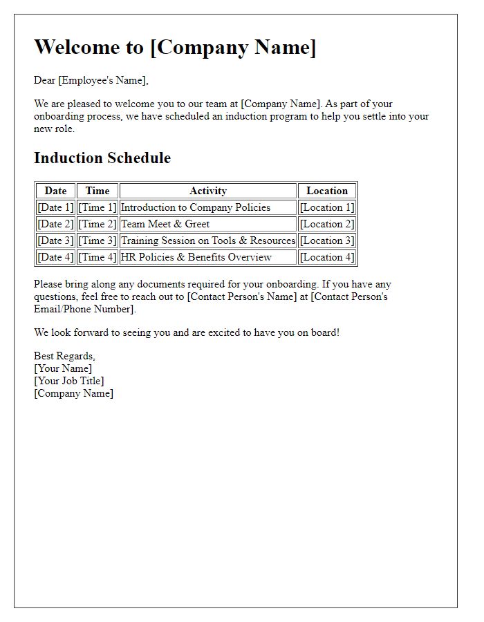 Letter template of induction schedule for incoming staff