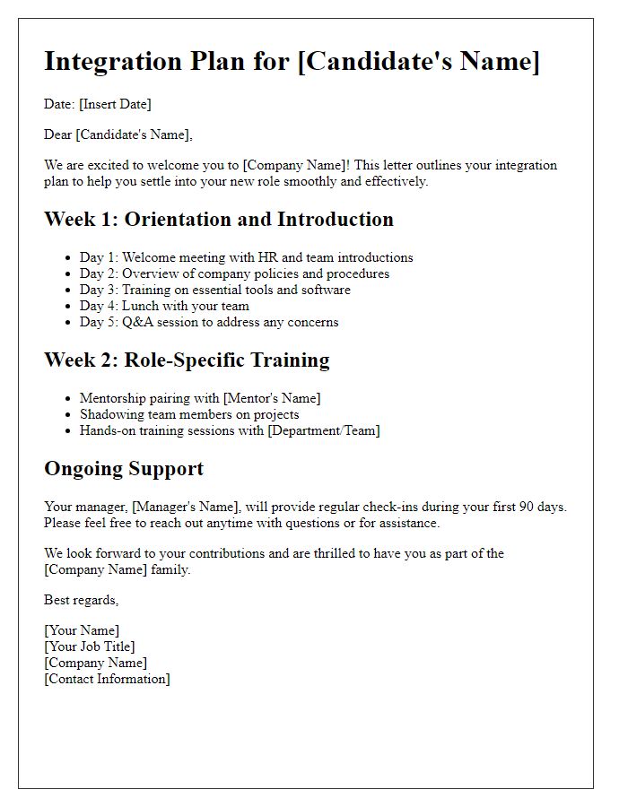 Letter template of integration plan for recently hired candidates