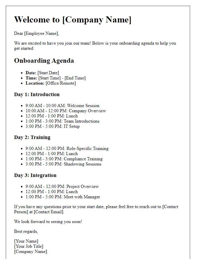 Letter template of onboarding agenda for prospective employees