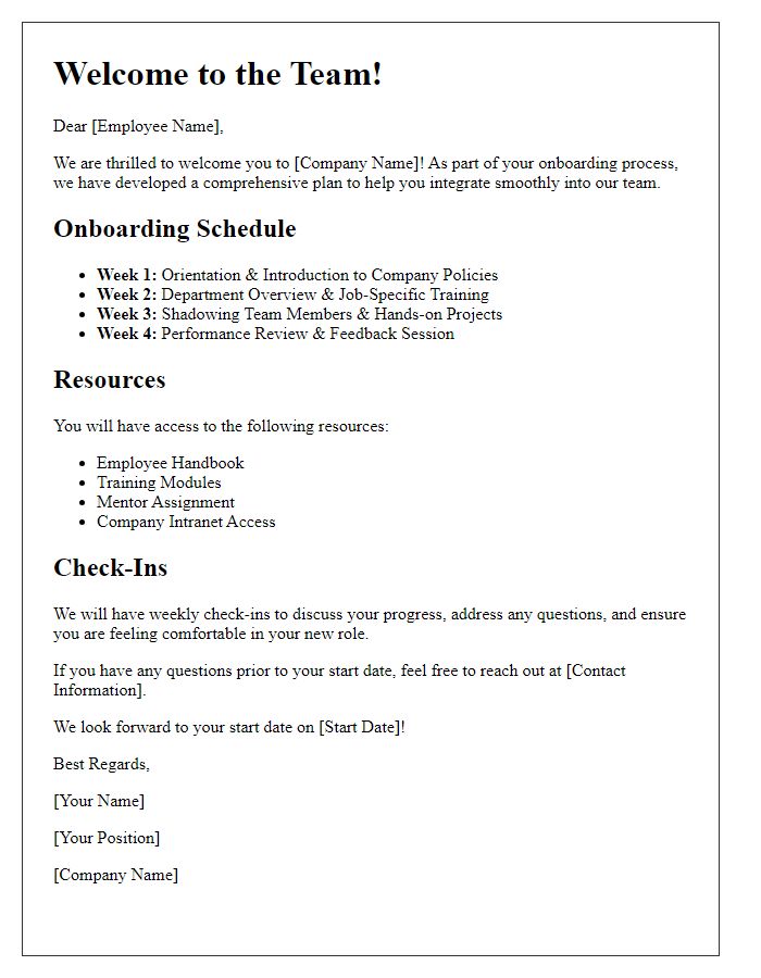 Letter template of onboarding plan for fresh recruits